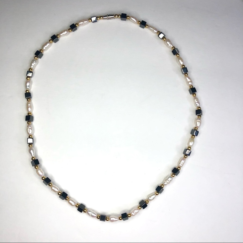 Handmade Green, White, and Gold Beaded Necklace